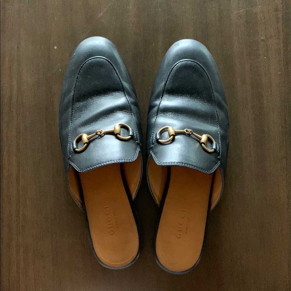 Gucci Black Leather Slides with Gold Hardware